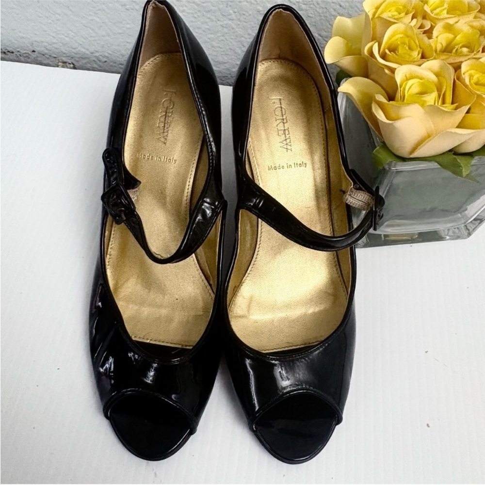 J. Crew Italy Patent Black Mary Jane Peep Toe
Heels Shoes Size 10